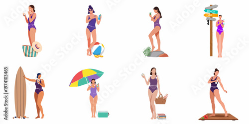 Flat vector illustrations of women in swimsuits applying sunscreen with summer accessories on a white background.