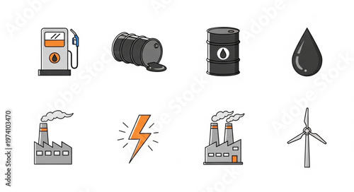 Energy Sources and Production Icons - Oil, Gas, Electricity, Wind.