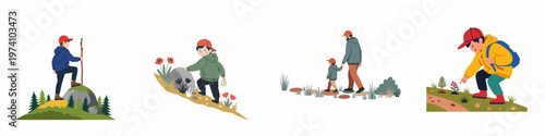 Vector set of children and a parent hiking and exploring nature, including climbing rocks, using a compass, walking together, and observing plants.