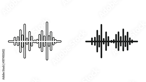 Sound wave icons in black and white on a pure white background for audio and music concepts