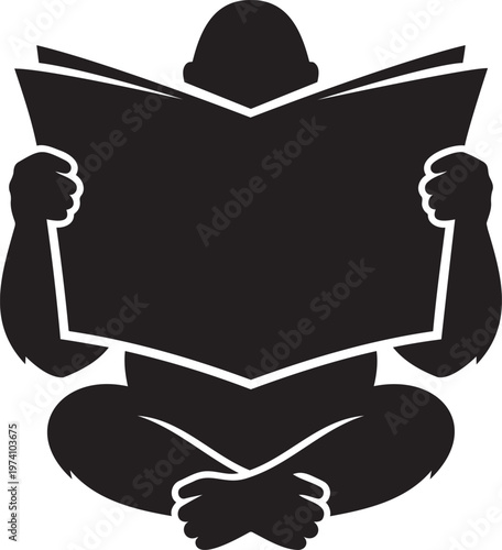 Minimalist silhouette of a person sitting cross-legged and reading a large newspaper for news media branding journalism information consumption or relaxing morning routine vector illustration design