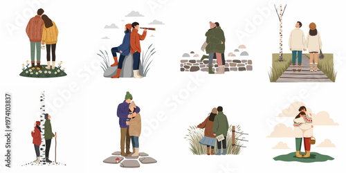 Collection of romantic couples in cozy autumn and winter outfits enjoying outdoor activities in a minimalist flat vector illustration style.