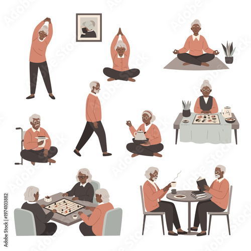 Elderly Man Practicing Yoga and Socializing.