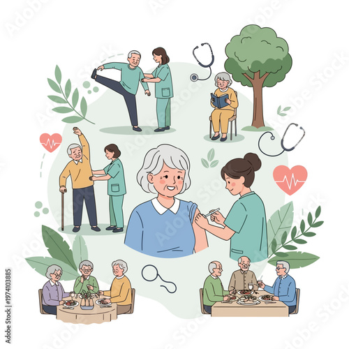 Elderly Caregivers and Healthcare Professionals Illustration.