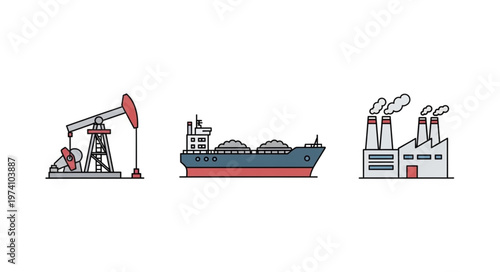 Oil and Gas Industry Icons - Pumpjack, Tanker, and Factory.