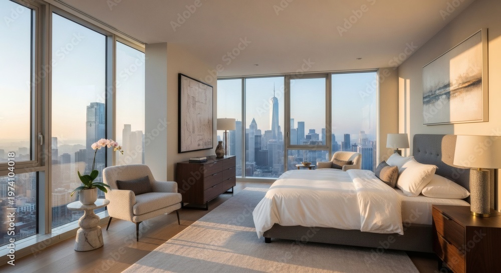 Fototapeta premium Luxurious Modern Bedroom with Panoramic New York City Skyline View