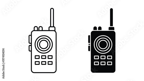 Line art illustration of a vintage walkie talkie radio device with antenna and speaker on a plain white background