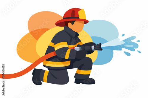 Firefighter Kneeling and Spraying Water with Fire Hose Vector