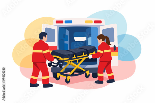Emergency Paramedics Loading Stretcher into Ambulance Illustration