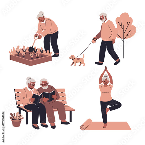 Elderly People Practicing Yoga and Gardening Together.