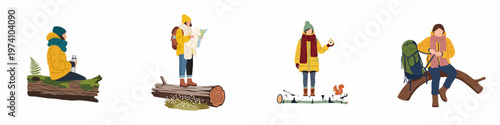 Set of flat vector illustrations featuring a young woman hiking and exploring the woods with a map, compass, and backpack.