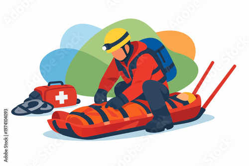 Rescue Worker Securing Patient in Medical Sled Stretcher