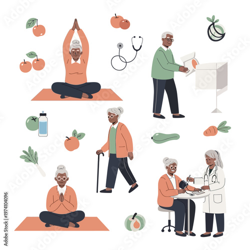 Elderly People Practicing Yoga and Receiving Medical Care.