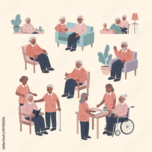 Elderly People Sitting Standing Walking Illustration.