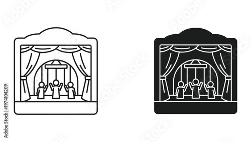 theater stage with curtains and audience, black and white illustration