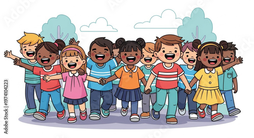Diverse Group of Happy Children Holding Hands and Smiling.