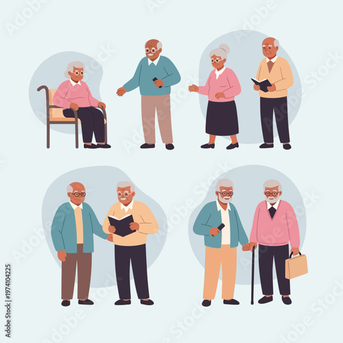 Elderly People Standing and Sitting Together.