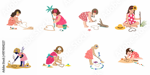 Vector Set of a Little Girl in a Red Polka Dot Dress Drawing Heart Shapes on Sand with Shells and Toys.