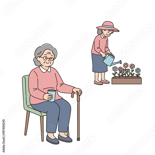 Elderly Woman Reading and Gardening Illustration.