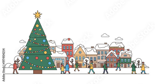 Festive winter town scene with a christmas tree silhouette on transparent background