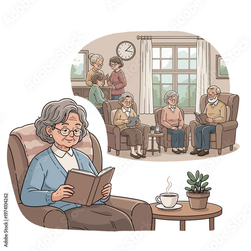 Elderly Woman Reading Book in Armchair.