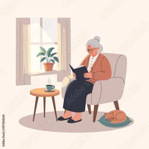 Elderly Woman Reading Book in Armchair.