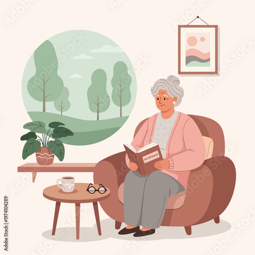 Elderly Woman Reading Book on Sofa.