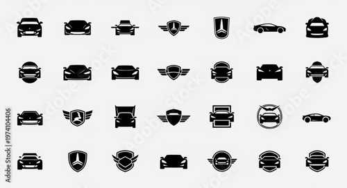 Collection of Car Icons - Front Views and Emblems in Black Silhouette.