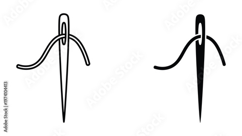 Two black sewing needles with thread isolated on white background