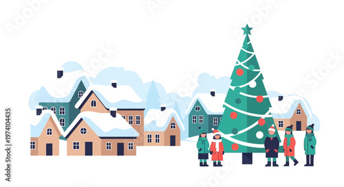 Festive winter village scene with a christmas tree silhouette on transparent background