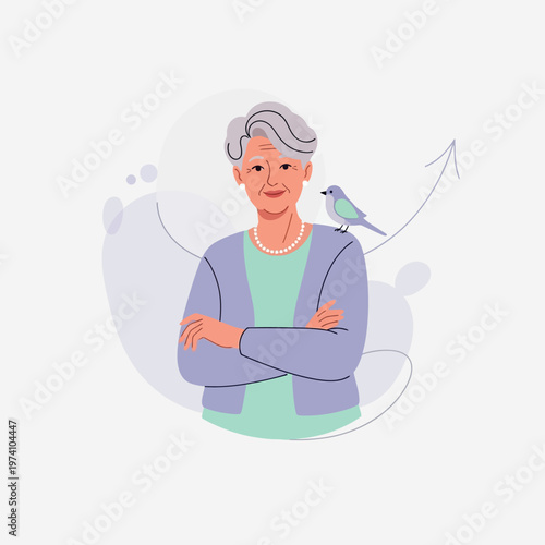 Illustration of a senior man with a bird.