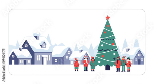 Festive winter landscape with people and a christmas tree silhouette on transparent background