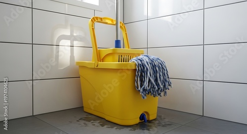 Bright yellow mop bucket situated in the corner of a tiled room