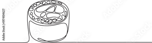 Sushi roll vector banner, background. One continuous line art drawing banner with text sushi menu for order, delivery. one line art icon drawing vector