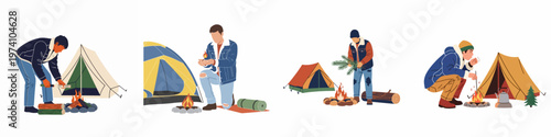 Collection of illustrations showing men engaged in various camping activities like lighting fires, setting up tents, and preparing for outdoor adventures.