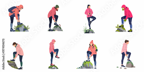 Set of flat vector illustrations featuring women hikers tying their shoelaces on rocks, wearing colorful outdoor gear for mountain adventures and trekking.