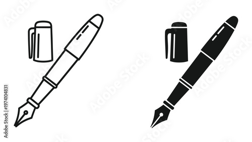 black and white fountain pen icons with caps
