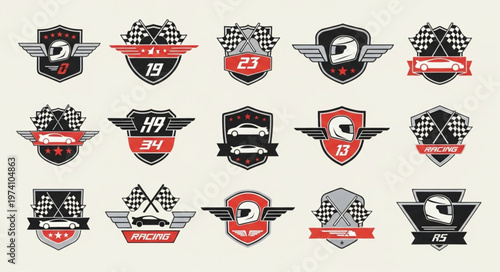 Collection of Racing Emblems and Badges with Checkered Flags and Wings.