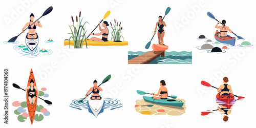 A collection of minimalist flat illustrations featuring women in bikinis kayaking and paddling across various scenic water environments such as lakes, rivers, and coastal areas.