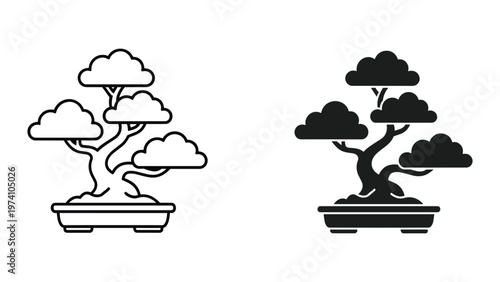 Bonsai tree icons in black and white, line art and solid fill