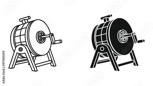 black and white illustration of two industrial spinning wheels