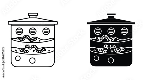 Illustration of slow cookers with food, black and white line art