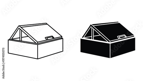 black and white illustration of two house boxes with gable roofs
