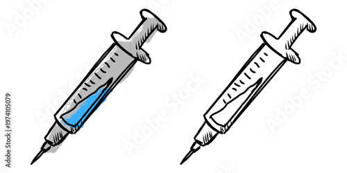 Set editable sketch drawing syringe vector for medical blogs. Ideal for symbolizing rough vaccination concepts, hand drawn injections, and sketchy health care.