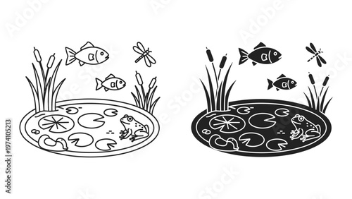 black and white illustration of two ponds with fish and dragonflies