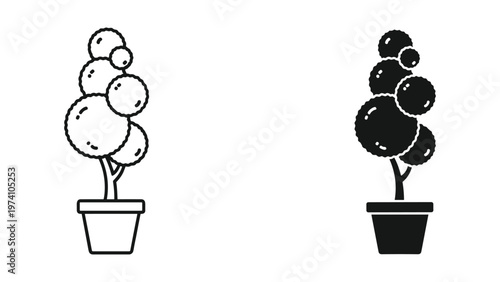 tall potted bonsai tree with rounded leaves, black and white line art