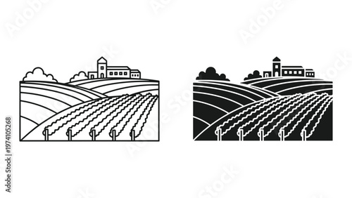 farm landscape with fields and barn, rural scenery illustration