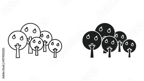 icon set of trees with raindrops, black and white illustrations
