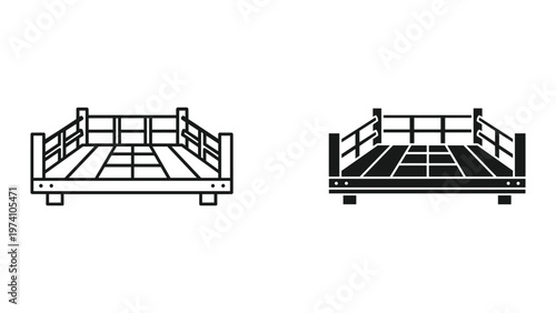 line art illustrations of empty boxing ring with black and white versions