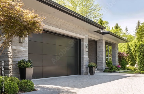 A modern garage door with a sleek black grid pattern is installed on a stone house exterior with lush green potted plants in the bright sunny driveway